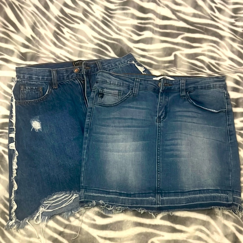 2 denim skirts Kancan size 7 27 and the other size small.